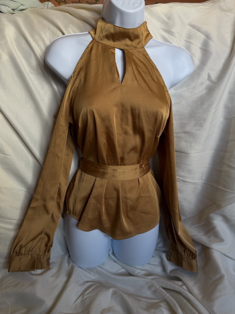 HAODUOYI Mustard Halter Neck Long Sleeve Blouse with Keyhole